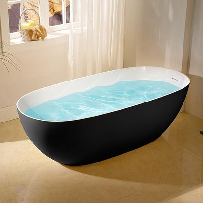 WOODBRIDGE 69" L x 32" W Luxury Contemporary Solid Surface Stone Resin Freestanding Bathtub in Matte Black with 2-Drain Covers