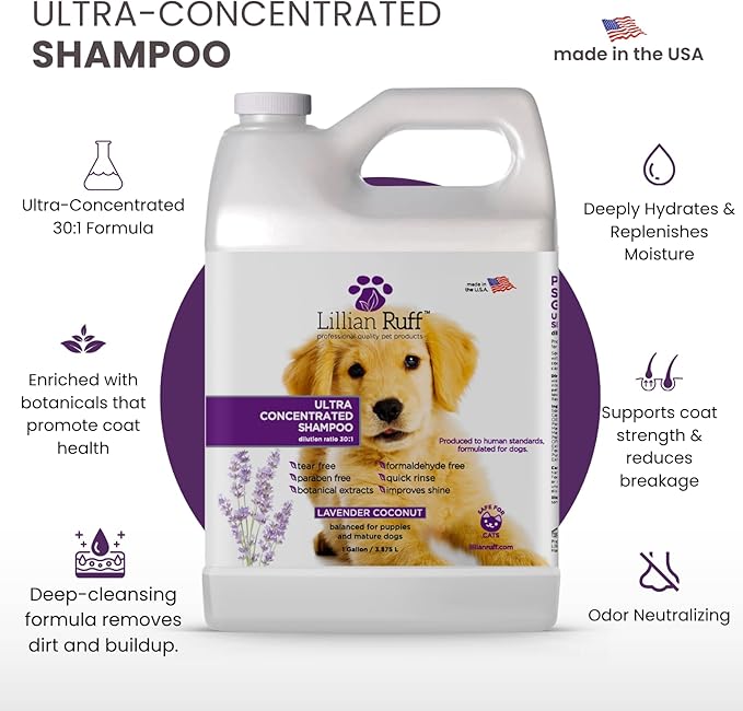 Lillian Ruff PRO Formula Ultra Concentrated Dog Shampoo – Makes 4 Gallons/30 Bottles, 30:1 Dilution, Professional Pet Shampoo for Sensitive Skin | Deodorizing & pH-Balanced Made in USA - Gallon