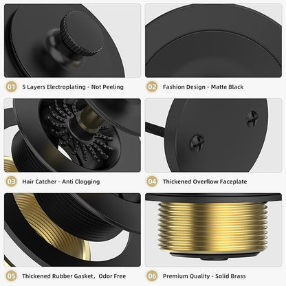Matte Black Bathtub Drain, Hair Catcher and 2-Hole Overflow Faceplate, 11.5/16 UNC, Lift and Turn Bathtub Drain Replacement, Tub Drain Stopper