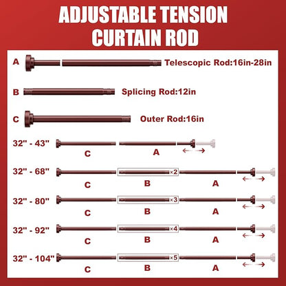 Ausemku Shower Curtain Rod - 32-104 Inch Rustproof Tension Rod, Non-Slip Spring Design, No Drilling Adjustable Curtain Rod for Bathroom, Kitchen, and Closet（Brown）