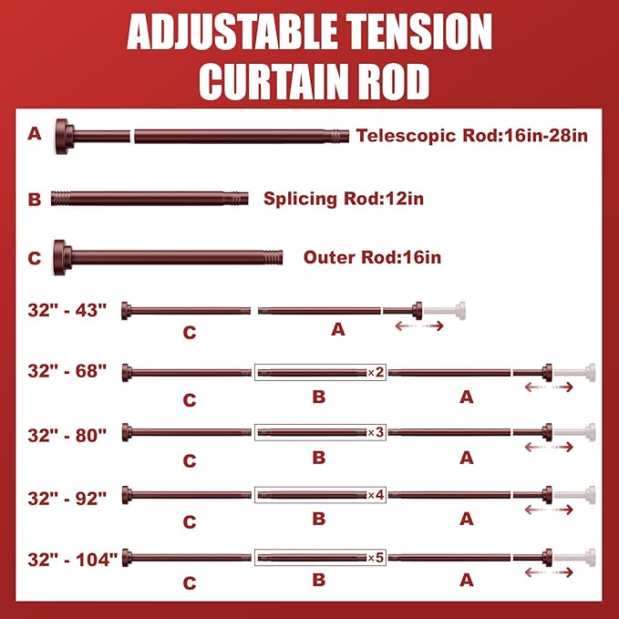 Ausemku Shower Curtain Rod - 32-68 Inch Rustproof Tension Rod, Non-Slip Spring Design, No Drilling Adjustable Curtain Rod for Bathroom, Kitchen, and Closet（Brown）