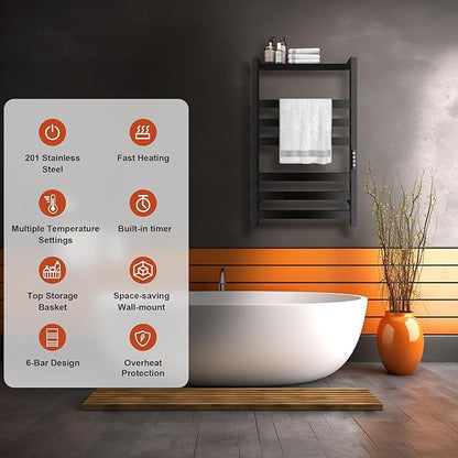 Towel Warmer,Stainless Steel Towel Warmer Rack for Bathroom -6 Bars with Shelf Wall Mounted Towel Heater with Intelligent Touch Screen Timer, Hard Wired/Plug-in, Black