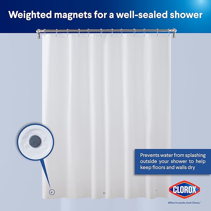 CLOROX Shower Curtain Liner, Premium Lightweight Flexible Waterproof 6g PEVA for Bathroom with Weighted Magnets, Standard Size 72" x 72", White 2 Pack