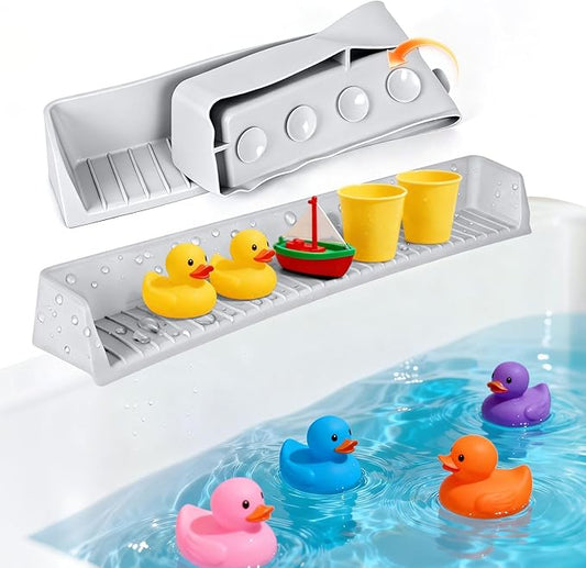 Splash Guard for Bathtub Kids, Longer Silicone Bathtub Splash Guard with 11 Suction Cups, Bath Tub Play Shelf for Kids & Toy Holder, Prevent Water Spill in Bathroom, Grey