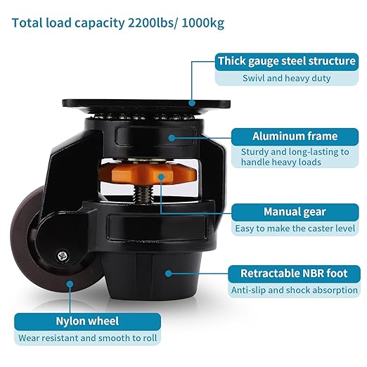 Skelang 4 Pcs Leveling Machine Caster, Retractable Plate Caster Wheel for Industrial Machine Equipment, Heavy Workbench, Movable Furniture, Total Load Capacity 2200Lbs