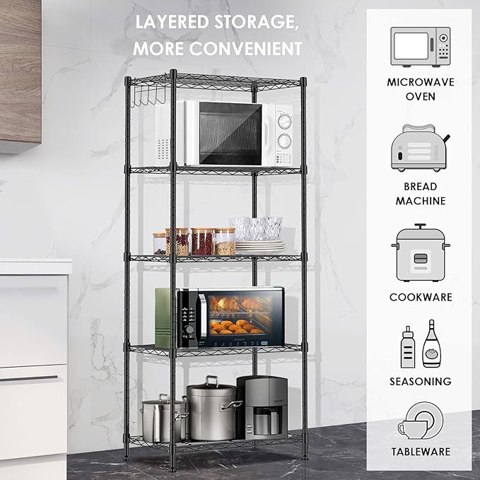 BNSPLY 5 Tier Wire Shelving Unit, Adjustable Wire Rack Shelving, Changeable Metal Wire Storage Shelves for Kitchen, Laundry, Bathroom, Balcony, Pantry (11.4" D x 21.3" W x 59" H, Black)