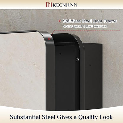 Keonjinn 20 x 32 Inch Black Mirrored Medicine Cabinet, Recessed Medicine Cabinets for Bathroom, Gloss Black Stainless Steel Framed, Adjustable Shelves, In Wall or Surface Mount, Sturdy & Heavy, Modern