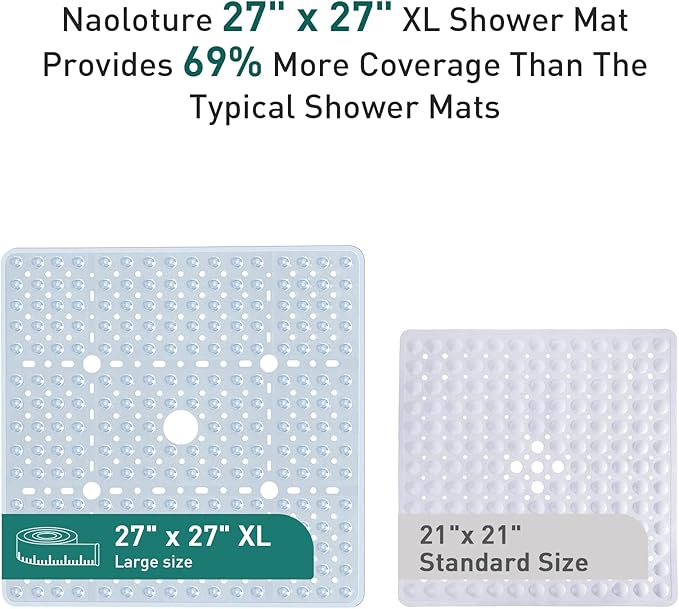 Large Clear Square Shower Mat Non Slip 27 x 27 Inch, Soft Bath Mat Bathtub Mat for Inside Shower Bathroom Floor, Shower Stall Mats with Big Suction Cups Drain Holes, Easy Washable, BPA-Free