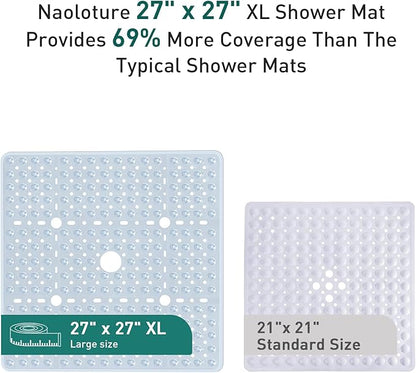 Large Clear Square Shower Mat Non Slip 27 x 27 Inch, Soft Bath Mat Bathtub Mat for Inside Shower Bathroom Floor, Shower Stall Mats with Big Suction Cups Drain Holes, Easy Washable, BPA-Free