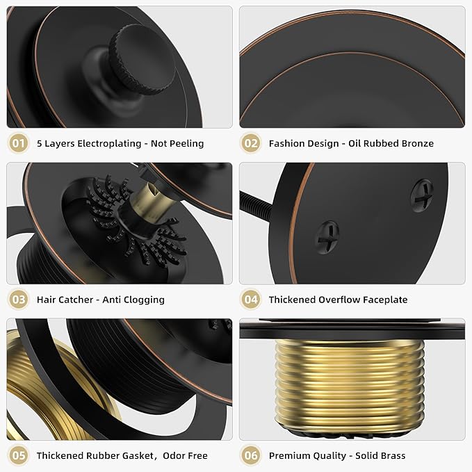 Oil Rubbed Bronze Bathtub Drain, Hair Catcher and 2-Hole Overflow Faceplate, 11.5/16 UNC, Lift and Turn Bathtub Drain Replacement, Tub Drain Stopper