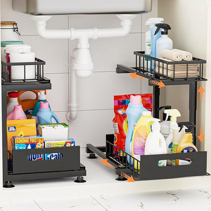 2 Pack Under Sink Organizer, Heavy Duty Metal Slide Out Sink Shelf Organizer Height Adjustable, Multi-Purpose Storage Shelf for Kitchen Bathroom (Black,2Pack)