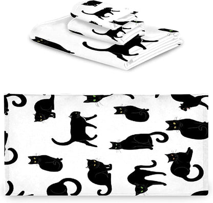 Black Cats 3 Piece Towel Bathroom Sets, 1 Bath Towel, 1 Washcloth, 1 Hand Towel, Cotton Fast Dry Soft Absorbent Towel Set for Home Kitchen Family
