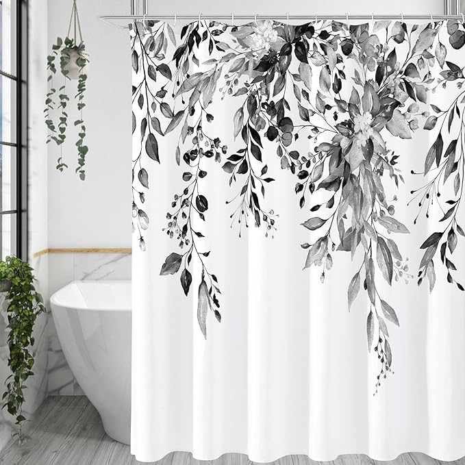 Gibelle Black and White Eucalyptus Shower Curtain, Grey Watercolor Plant Leaves with Floral Bathroom Shower Curtain Set, 72x72