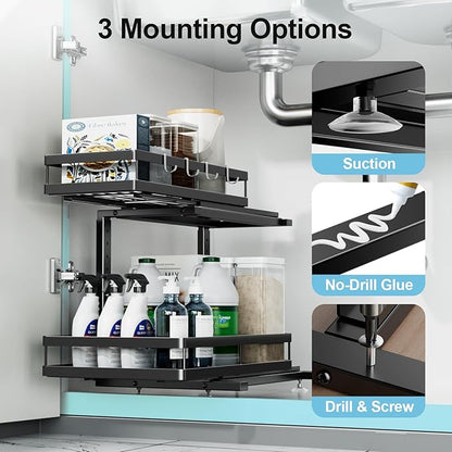Under Sink Organizer, JCYLQ Dual-Rail Ball-Bearing, Under Kitchen Sink Organizer, 6-Level Adjustable, Under Cabinet Storage, No-Drill Adhesive/Suction, Under Sink Organizers and Storage (1-Pack)