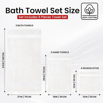 Infinitee Xclusives Luxury 100% Cotton Towel Set – 8 Piece Bathroom Towel Set (2 Bath Towels, 2 Hand Towels, 4 Washcloths) – Soft & Absorbent Towels for Bathroom (Brilliant White)