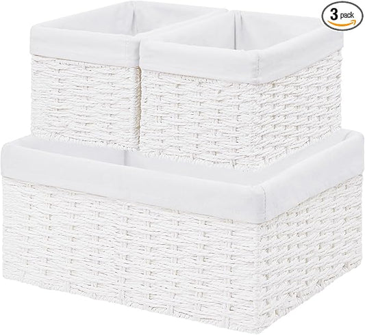 Vagusicc Wicker Basket, Set of 3 Hand-woven Storage Baskets for Organizing, Decorative Rectangle Wicker Storage Basket Bins with Handles, Small Toilet Paper Storage Baskets for Shelves & Decor, White