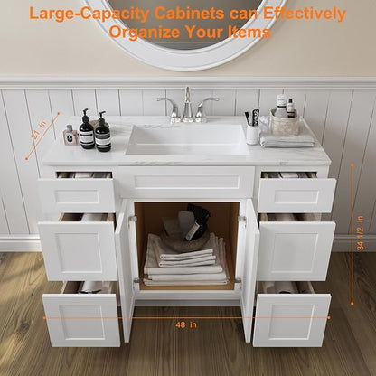 ROOMTEC Bathroom Cabinet, 48'' Free Standing Bathroom Vanity with 6 Drawers and 2 Doors,Soft-Close Drawer Slides Morden Bathroom Sink Vanity Storage Cabinet, Shaker White