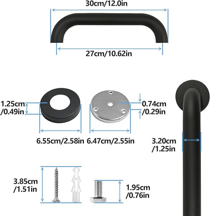 Shower Grab Bar, 2 Pack 12 Inch Black Bathroom Grab Bar, 1.25" Diameter 304 Stainless Steel Grab Bars for Bathtubs and Showers, Handicap Shower Grab Bar for Seniors Elderly