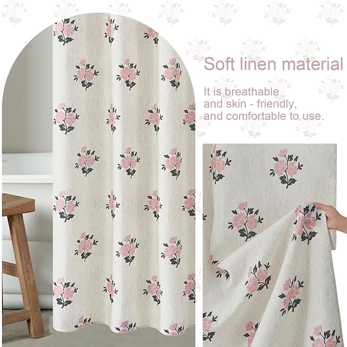 ORTIGIA Boho Pink Shower Curtains for Bathroom Linen Farmhouse Shower Curtain Set with Metal Hooks Block Print Floral Waterproof Aesthetic Rustic Fabric Bath Curtain for Home, Weighted, 72x72
