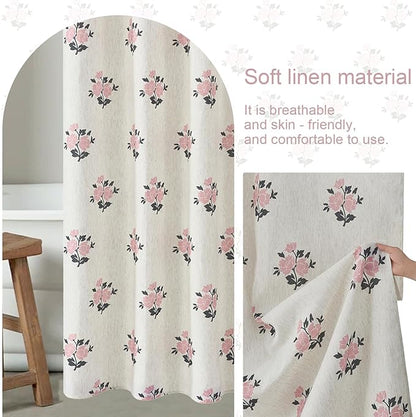 ORTIGIA Boho Pink Shower Curtains for Bathroom Linen Farmhouse Shower Curtain Set with Metal Hooks Block Print Floral Waterproof Aesthetic Rustic Fabric Bath Curtain for Home, Weighted, 72x72