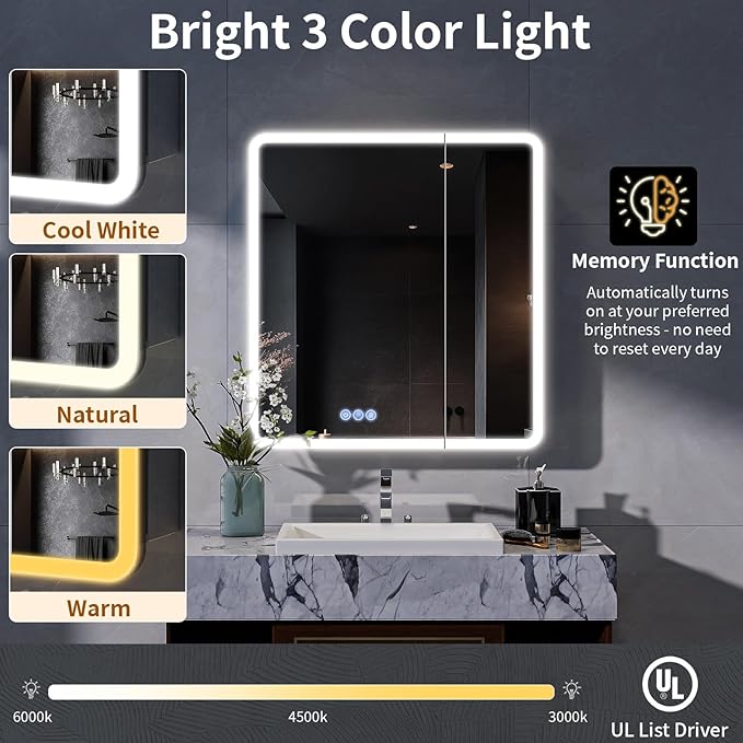 BEAUTYPEAK 30 x 32 LED Bathroom Medicine Cabinet Mirror, Adjustable Shelves, Silver Aluminum Cabinet, Anti-Fog Stepless Dimmable 3 Colors White/Natural/Warm, Easy to Install(Wall Mount/Recessed)