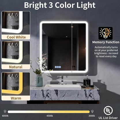 BEAUTYPEAK 30 x 32 LED Bathroom Medicine Cabinet Mirror, Adjustable Shelves, Silver Aluminum Cabinet, Anti-Fog Stepless Dimmable 3 Colors White/Natural/Warm, Easy to Install(Wall Mount/Recessed)