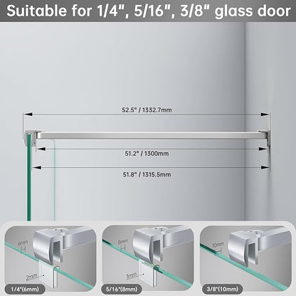 Frameless Shower Door Support Bar, Stainless Steel Wall-to-Glass Support Arm to Fixed Shower Glass Panel, for 1/4"-3/8" (6-10 mm) Door, 180° Pivot & Stow-Flat Mode (Brushed Nickel, 51.2-inch(1300mm))