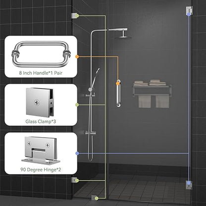 Shower Door Hardware Kit 304 Stainless Steel for 6/25"-1/2" (6mm-12mm) Tempered Glass, Hardware Accessories with 8" Handles Hinges Glass Clamp - Brushed Silver
