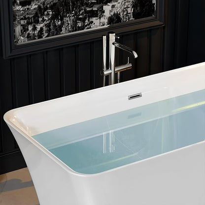 Empava 59" Freestanding Bathtub, Acrylic Deep Soaking Tub, Modern Stand Alone Tub with Anti-Slip Surface, Adjustable Feet & Drain Overflow Included, White, cUPC Certified