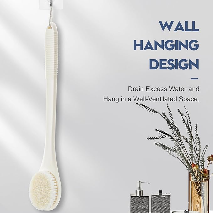 Back Scrubber for Shower, Shower Body Brush for Cleaning with Long Handle for Showering, 17 Inch Back Washer Exfoliator for Shower Men Women with Non-Slip Handle, Adhesive Hook (Cream White)