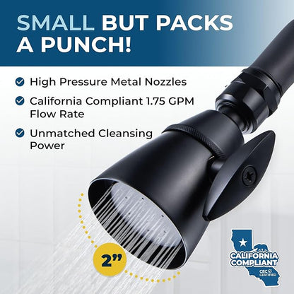 HammerHead Showers® Solid Metal 2 Inch High Pressure Shower Heads - MATTE BLACK – California Compliant 1.75 GPM Low Flow Rate - High Flow Shower Head with ADJUSTABLE SPRAY PATTERN - Fixed Shower Head