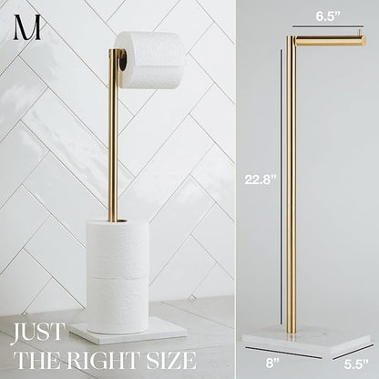 MARMOLUX ACC Free Standing Gold Toilet Paper Holder Stand White Marble Base and Storage | 4 Jumbo Roll Bathroom Hardware Toilet Tissue Organizer | Stainless Steel Bathroom Decor Accessory