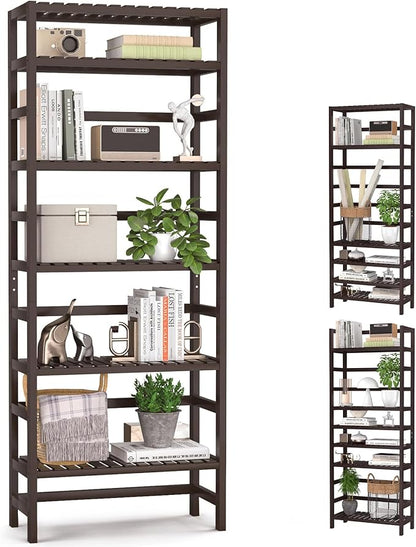 Homykic 6-Tier Bamboo Bookshelves and Bookcases, Adjustable 63.4”Tall Shallow Book Shelf Organizer Rack, Freestanding Storage Shelving Unit for Living Room, Kitchen, Bathroom, Office, Espresso