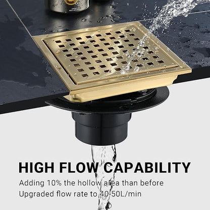 4 Inch Square Shower Floor Drain, Stainless Steel Black Shower Drain Kit with Flange, Floor Drain with Removable Grid Cover,Brushed Gold