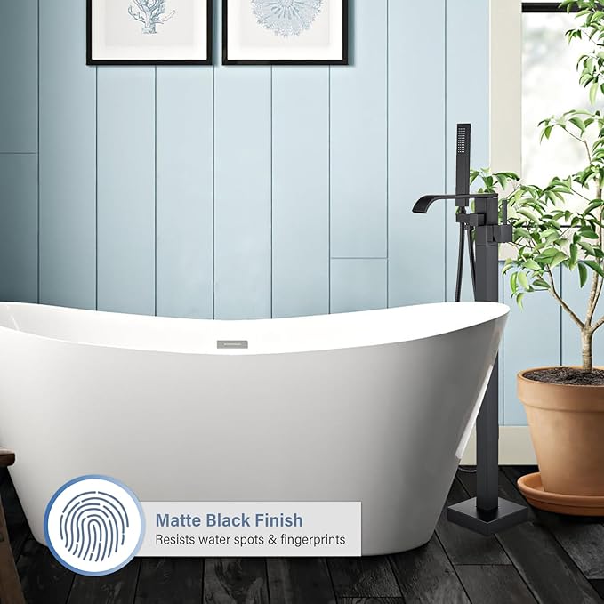 Freestanding Bathtub Faucet Matte Black Floor Mounted Tub Filler with Hand Shower Brass High Flow 360 Degree Swivel Standing Spout Mixer Taps