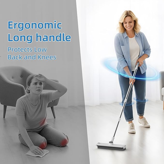 Scrub Brush with Long Handle, Floor Scrub Brush Squeegee Broom for Cleaning, 3 in 1 Shower Scrubber Floor Broom Squeegee for Concrete Tile Wall Deck Patio White