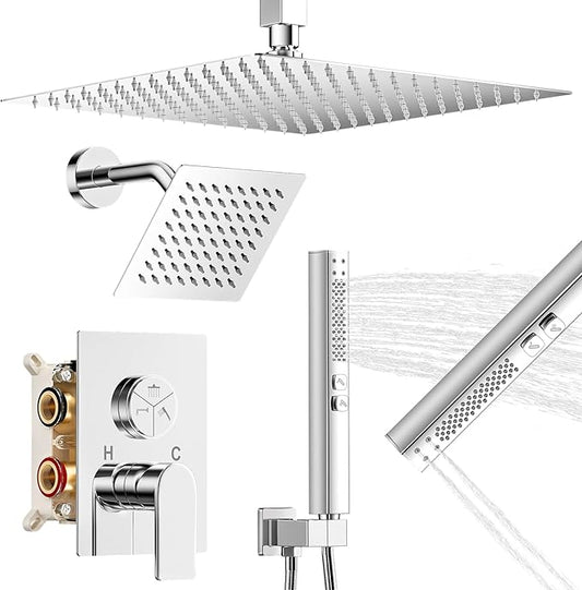 Shower Faucet Set, 3-Setting Push Button Polish Chrome Shower System, 12 Inch Ceiling Mounted Shower Head, 6 Inch Wall Mounted Rain Shower Head with 2 in 1 Handheld Spray, Shower Valve Trim Kit
