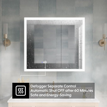 WELLFOR 36 x 32 Inch LED Medicine Cabinet with Lights, 3X Magnification Makeup Mirror, Bathroom Vanity Mirror Cabinet with Storage, Anti Fog, Surface or Recess Mount, Double Opening Door