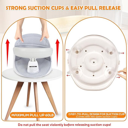 Swivel Baby Bath Seat, Openable Armrest and 360° Rotatable Baby Bath Seat for Babies 6 Months & up, Baby Bath Mat/Rinse Cup/Brush/Baby Shower Cap Included, White