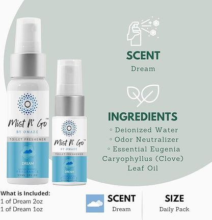 Mist N' Go by Omaze Travel Toilet Spray - Odor Eliminator and Bathroom Air Freshener Deodorizer - Dream Daily Pack (2oz x1 + 1oz x1)
