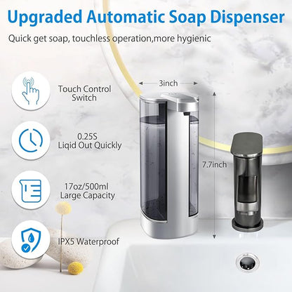 Automatic Liquid Soap Dispenser, Rechargeable, Touchless, 17oz/500ml with 4 Adjustable Soap Levels, Wall Mount & Waterproof, Liquid Hand/Dish Soap Dispenser for Bathroom Kitchen