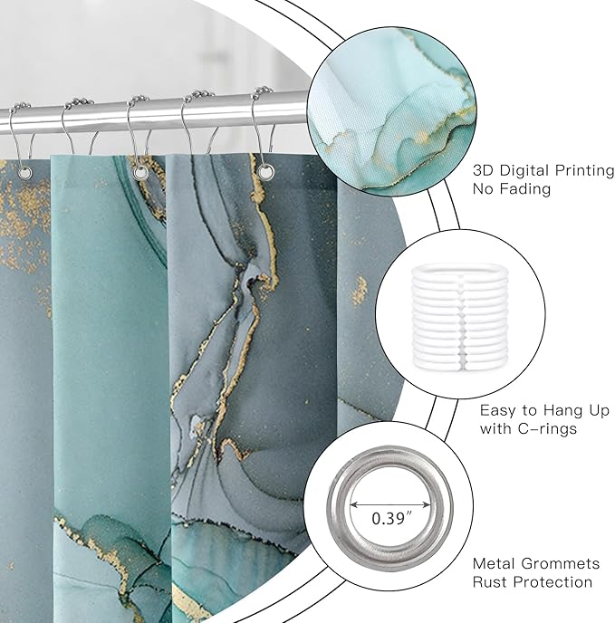 Extra Wide Marble Shower Curtain 108 x 72, Turquoise Abstract Shower Curtains for Claw Foot Tub, Modern Luxury 108 inch Long Shower Curtain Set with 18 Pack Plastic C-Hooks