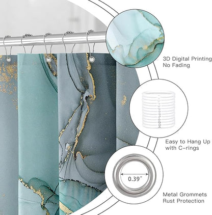 Turquoise Marble Shower Curtain 60x72, Teal Modern Abstract Fabric Shower Curtains for Bathroom, Luxury Art Ink Texture Watercolor Cloth Shower Curtain Set with Hooks