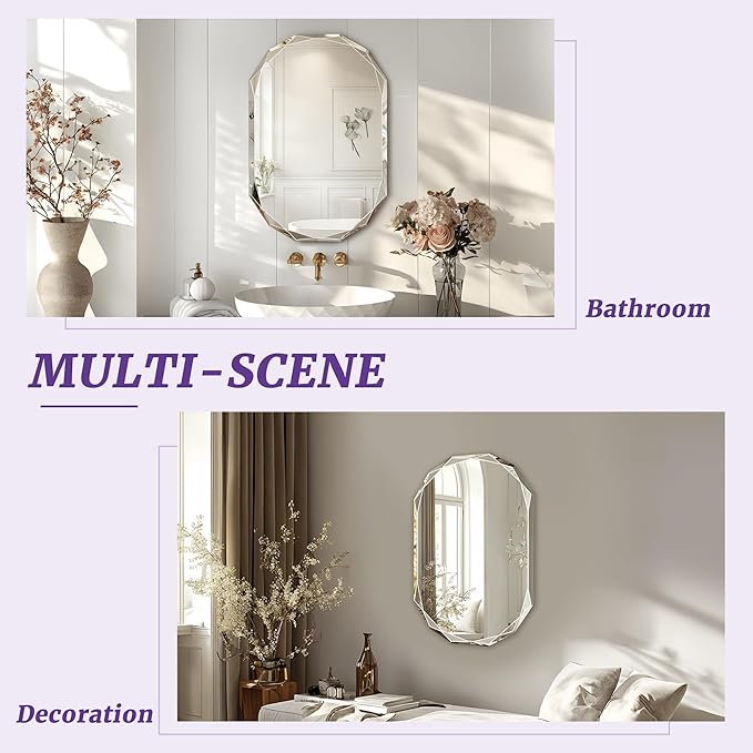 Bathroom Mirror for Wall, 24" x 36" Oval Bathroom Vanity Mirror, Beveled Edge Frameless Wall Mount Vanity Mirror, Wall Mirror Decorative, Irregular Beveled Edge