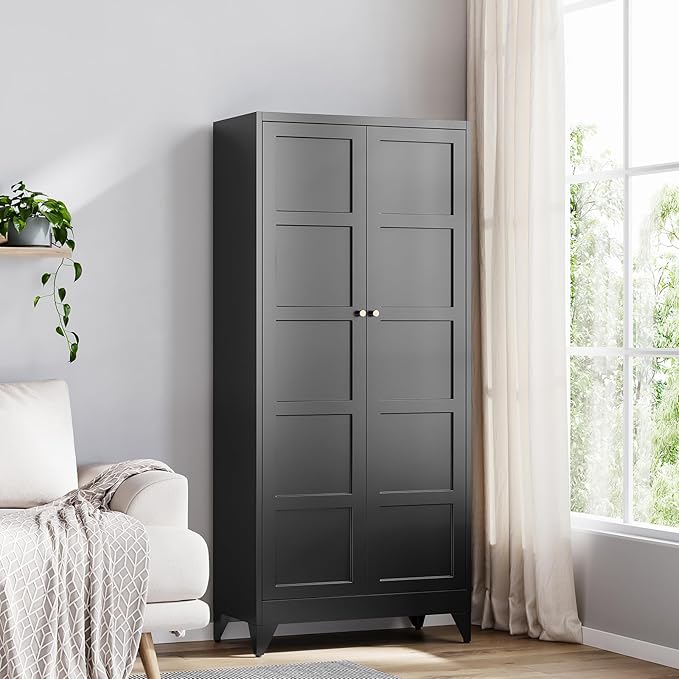 Yizosh Metal Storage Cabinet with 2 Doors and 4 Adjustable Shelves - 71" Black Kitchen Pantry Storage Cabinet,4-Tier Tall Steel Cabinet Locker for Living Room,Dining Room,Kitchen