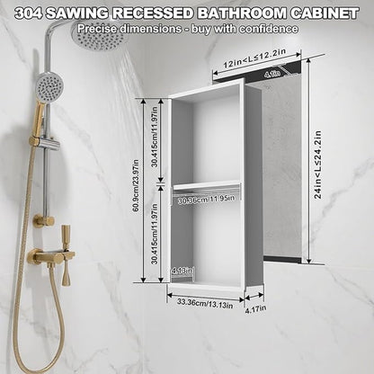 Real 304 Stainless Steel Shower Niche 12x24in-92° Quick Drain-No Tile Needed-2 Tier-Matte Recessed Wall Niche-Insert Shower Shelf-Built in Cabinet for Bathroom/Kitchen/Living Room/Study Storage