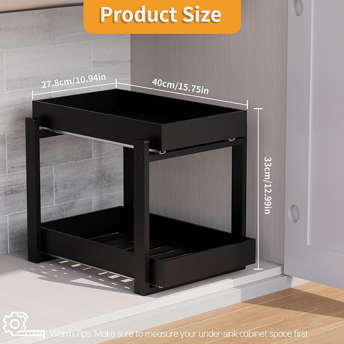Bamboo Wood Under Sink Organizer 1 Pack, Pull Out Cabinet Organizer 2 Tier Under Sink Organizers and Storage with Sliding Drawer Sturdy Easy Assembly for Kitchen Bathroom Undersink (Black, 1 Pack)