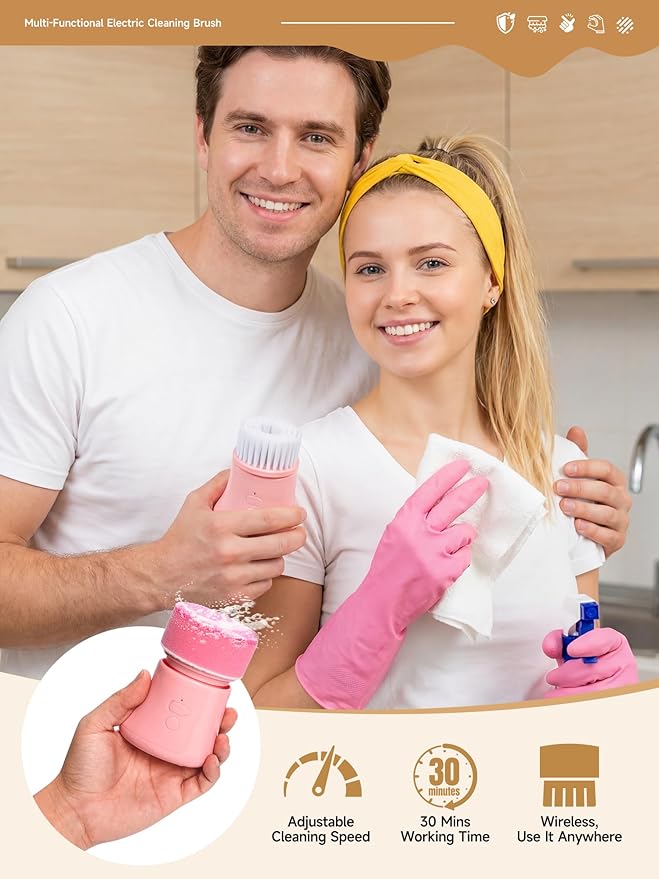 Electric Spin Scrubber, Cordless Cleaning Brushes, Pink Dish Brush kit, Gift for Woman, for Bathroom/Kitchen/Floor/Home/Grout/Tile, IP66 Waterproof Household Cleaning Supplies, Apartment Essentials
