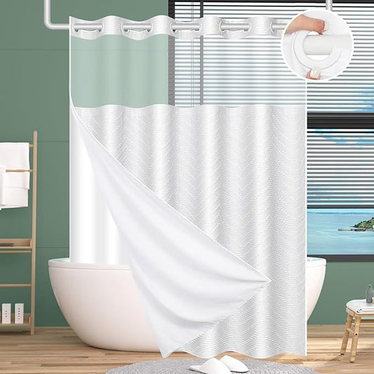 No Hook Shower Curtain and Snap in Liner Set White Tufted Chevron Striped Cloth Waterproof Washable Fabric Boho Bath Curtain with See Through Mesh Top Window for Bathroom Hotel 71" x 74"