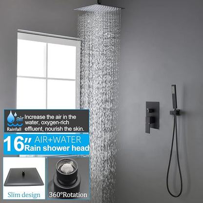 Matte Black Full Body Rain Shower System 16 Inch Ceiling Mount Dual Function Shower Faucet System Set with Overhead Rainfall Shower and Handheld Spray, Pressure Balance Valve Kit and Trim